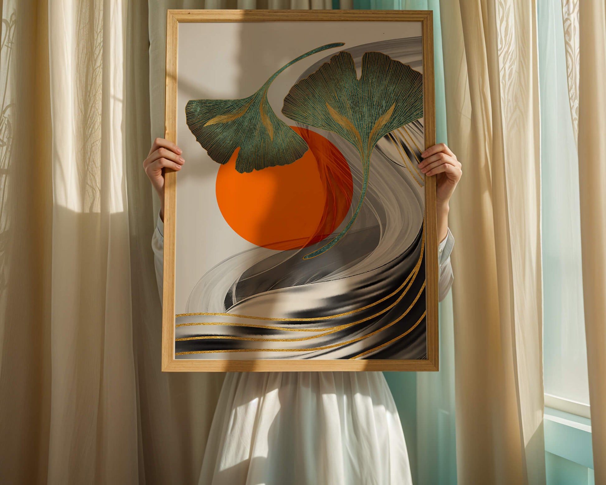 Hojas de Ginkgo abstractas con círculo naranja y ondas plateadas