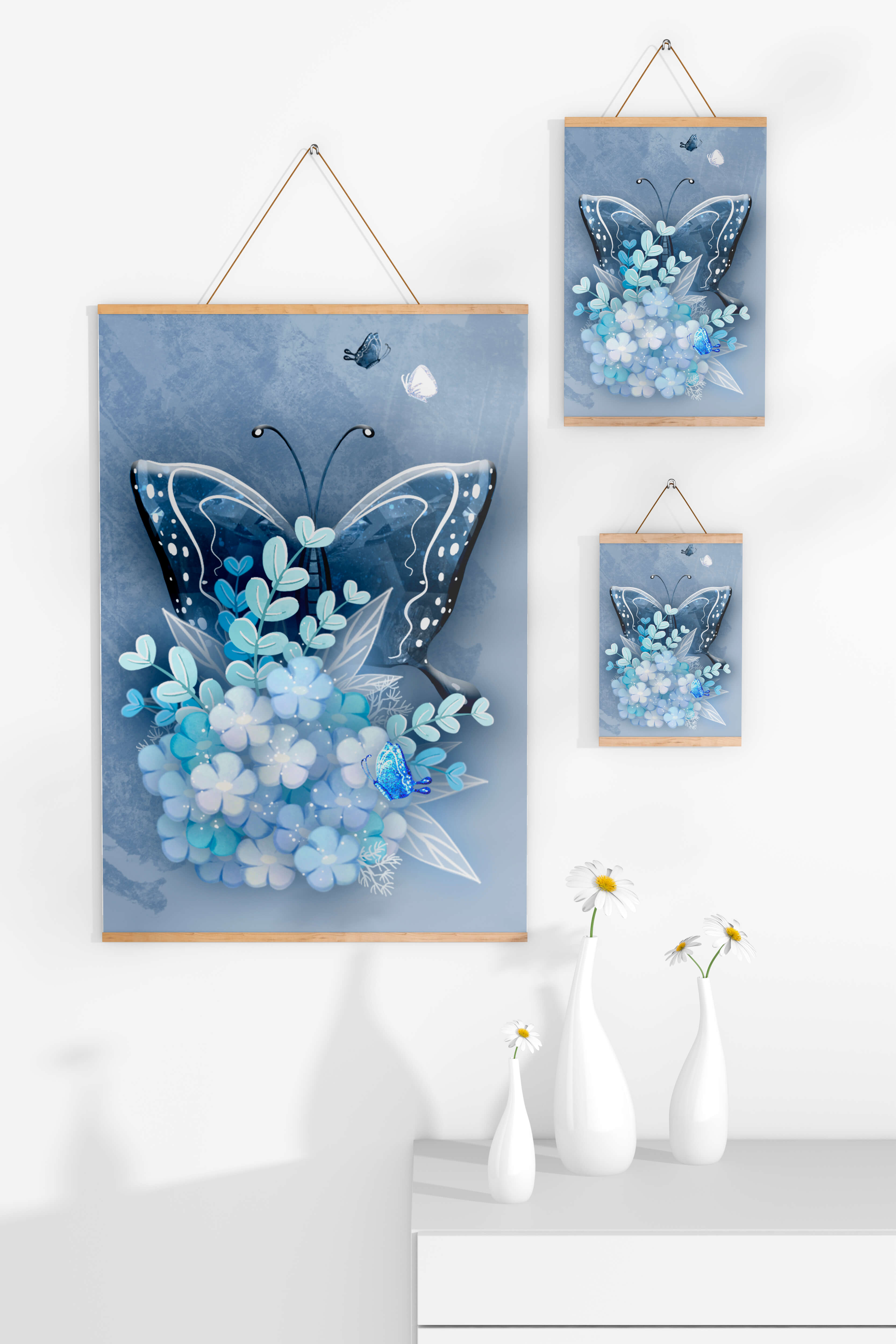 Floral and butterfly digital artwork in calming blue shades