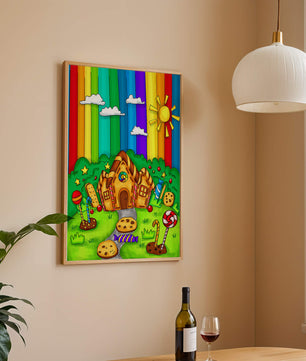 Whimsical candy house in a vibrant rainbow landscape