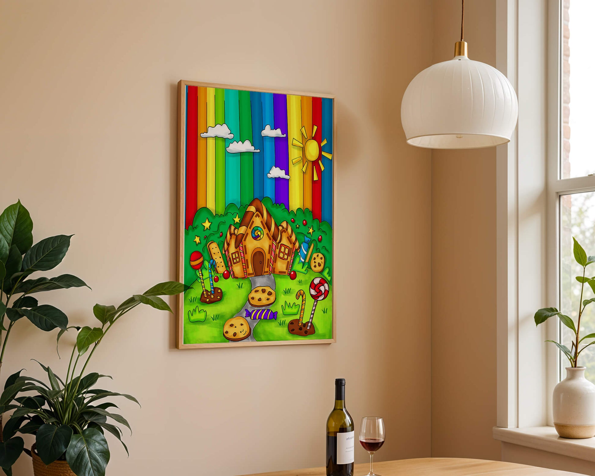 Whimsical candy house in a vibrant rainbow landscape