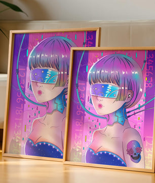 Chica cyberpunk futurista con colores neón y elementos de realidad virtual