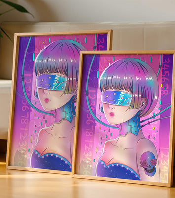 Futuristic Cyberpunk Girl with Neon Colors and Virtual Reality Elements