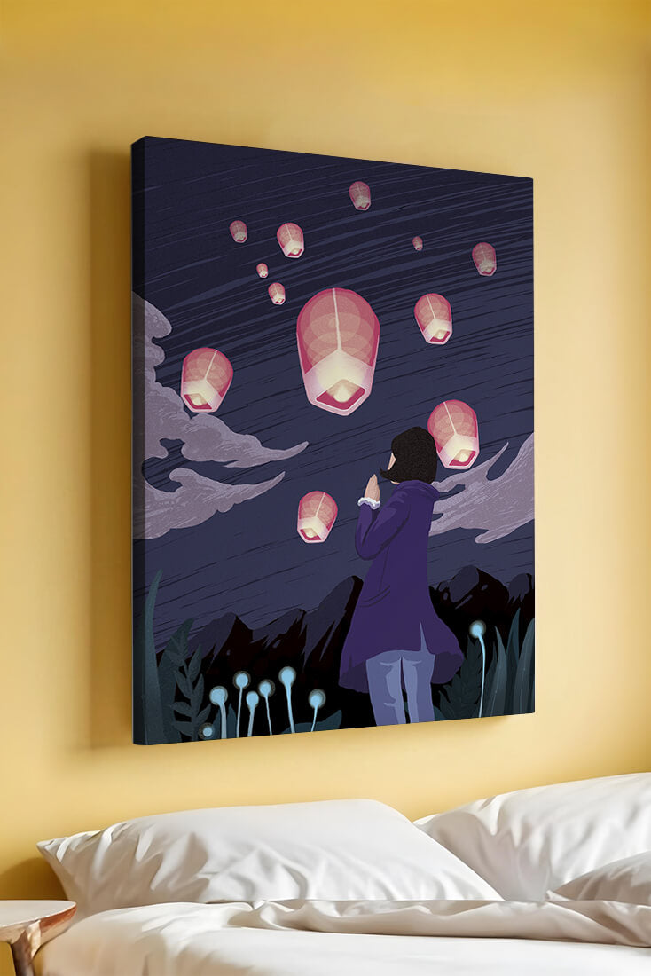 Girl Watching Pink Lanterns Soaring into the Night Sky