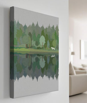 Forest landscape with a white horse and reflection in a tranquil pond