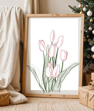 Wunderschöne rosa Tulpen mit grünen Blättern auf einer minimalistischen Leinwand