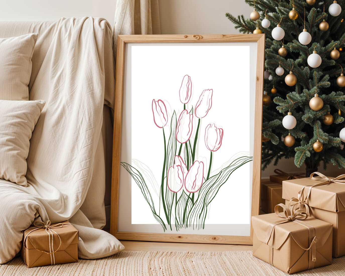 Wunderschöne rosa Tulpen mit grünen Blättern auf einer minimalistischen Leinwand