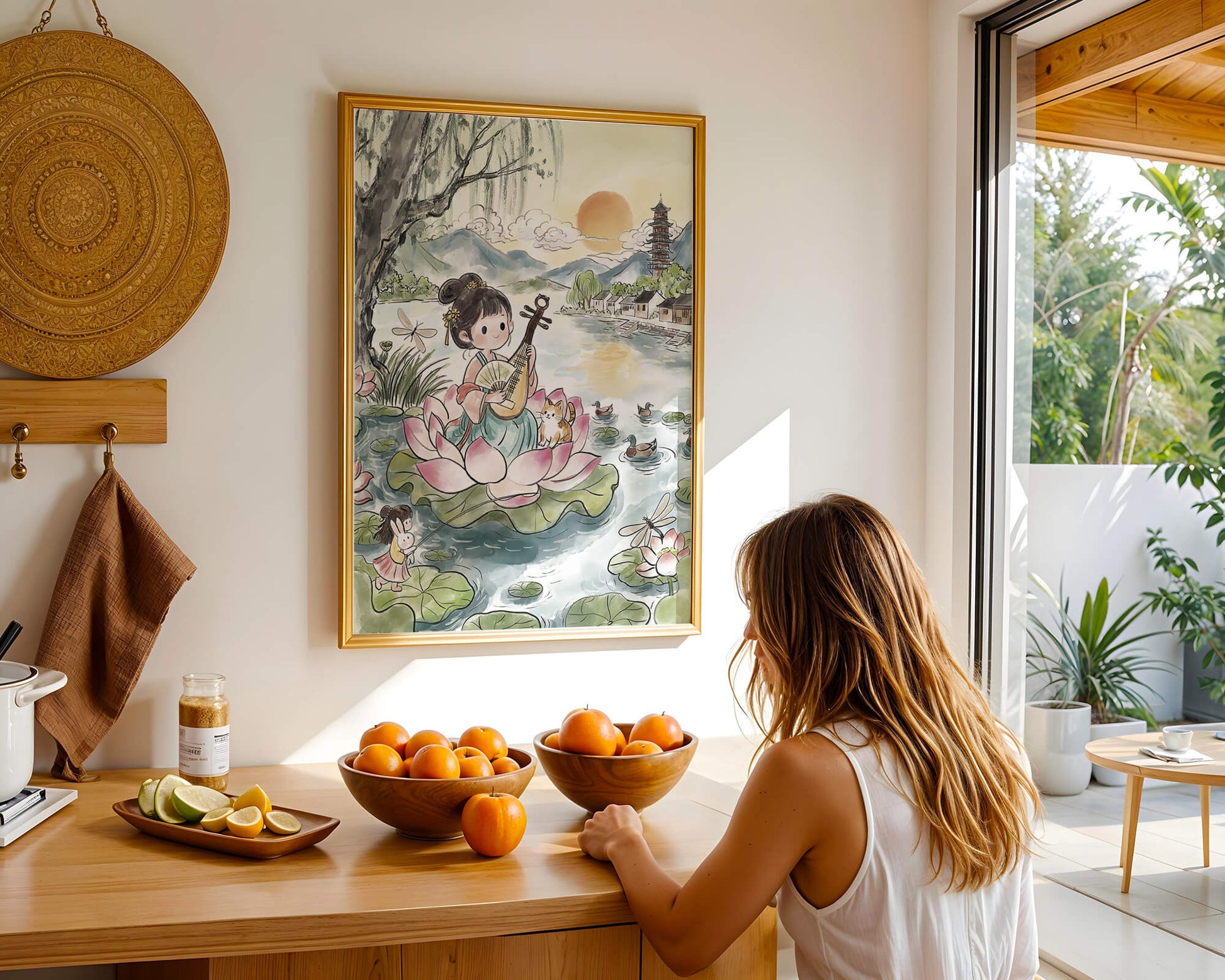 Traditional Asian Scenery with Girl Playing Instrument on Lotus Pond at Sunset