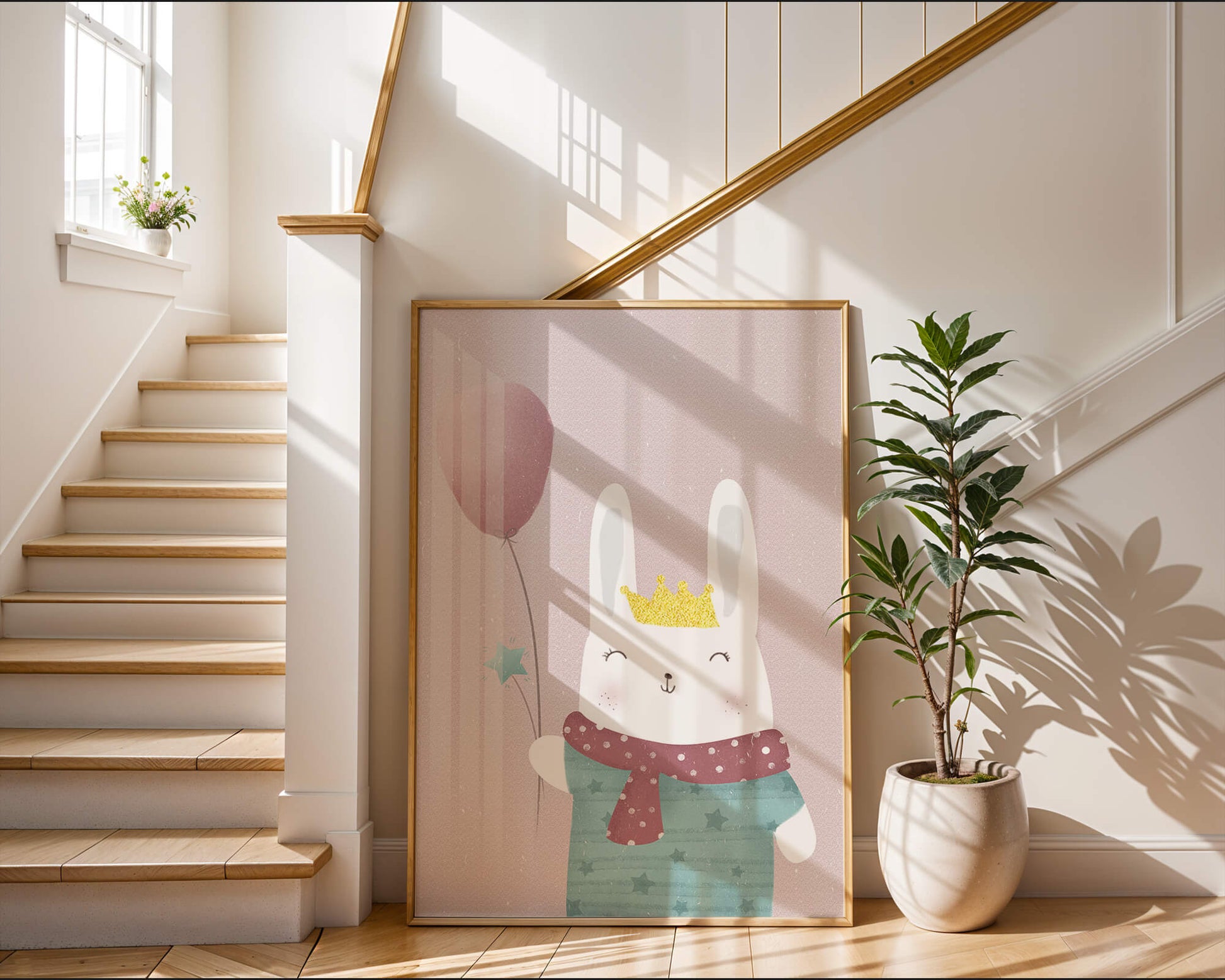 Adorable ilustración de conejito con globo rosa y corona dorada.