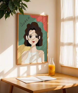 Stylized illustration of a confident woman with abstract background