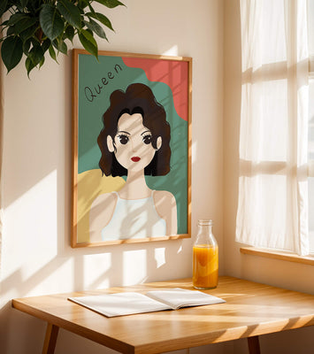 Stylized illustration of a confident woman with abstract background