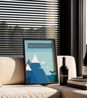 Whale and mountain illustration with sea and sky background