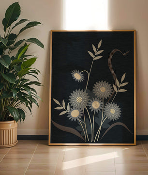 Abstract floral design with intricate patterns on dark background