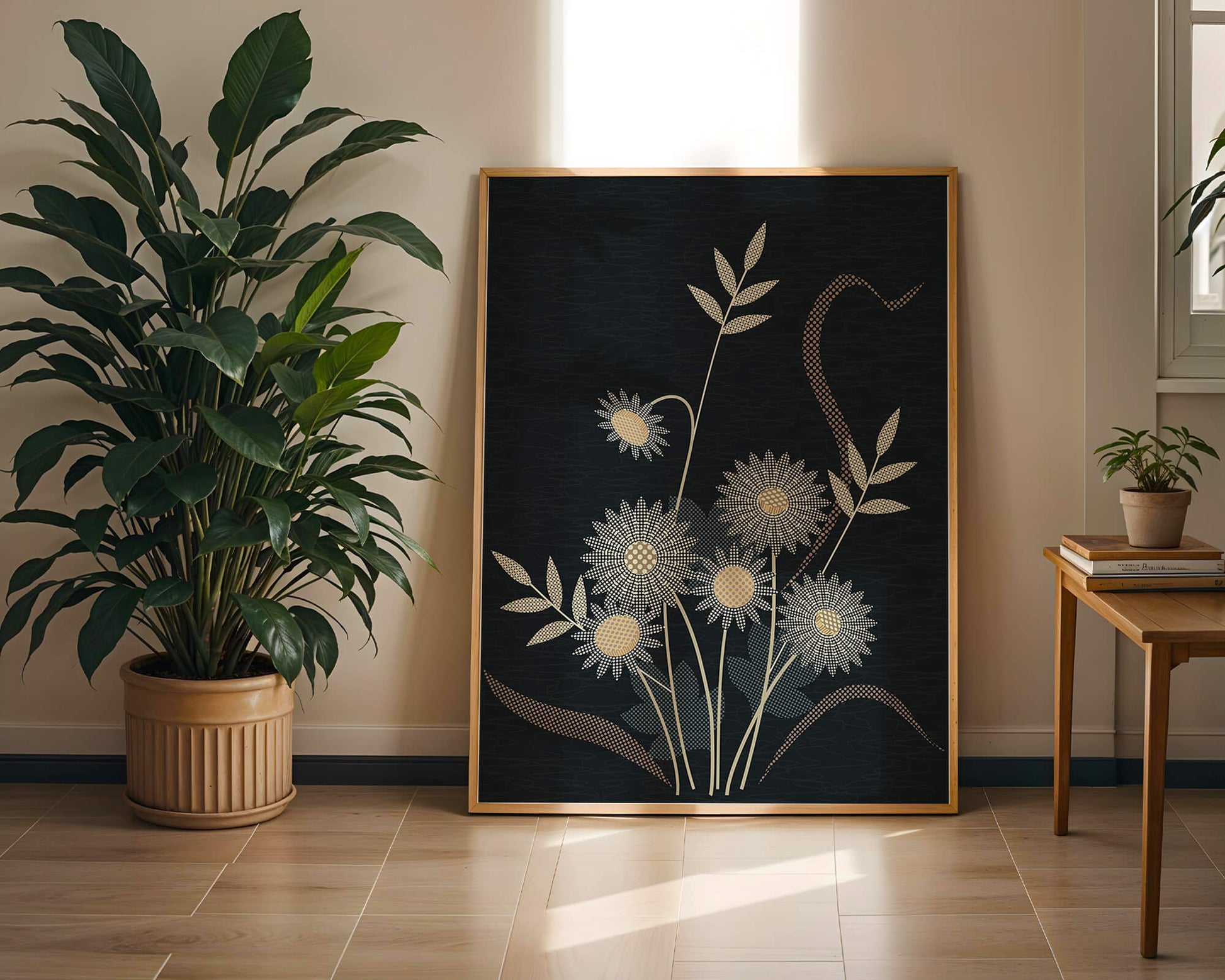 Abstract floral design with intricate patterns on dark background