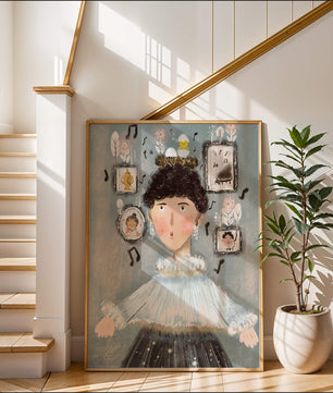 Retrato ilustrado caprichoso con elementos musicales y dorados