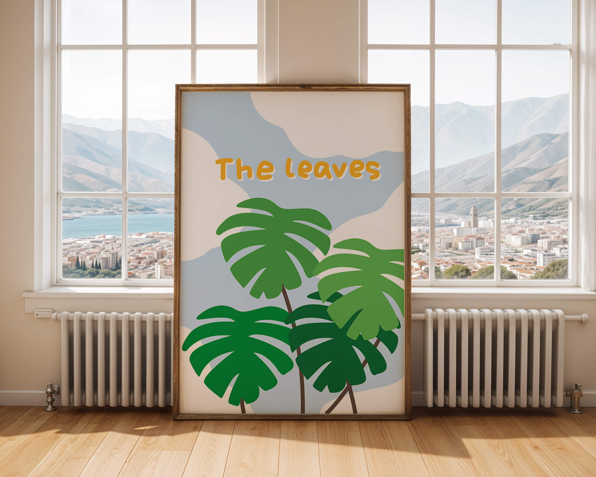 Illustrative tropical leaves with blue sky background for home decor