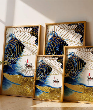 Paisaje abstracto con olas doradas y un bote solitario sobre fondo azul y blanco
