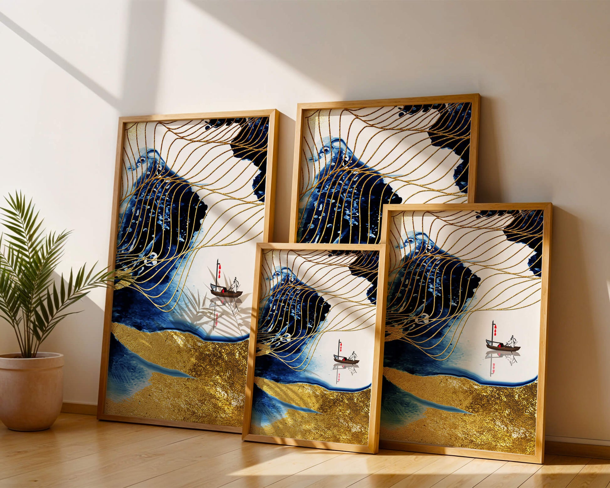 Paisaje abstracto con olas doradas y un barco solitario sobre fondo azul y blanco.