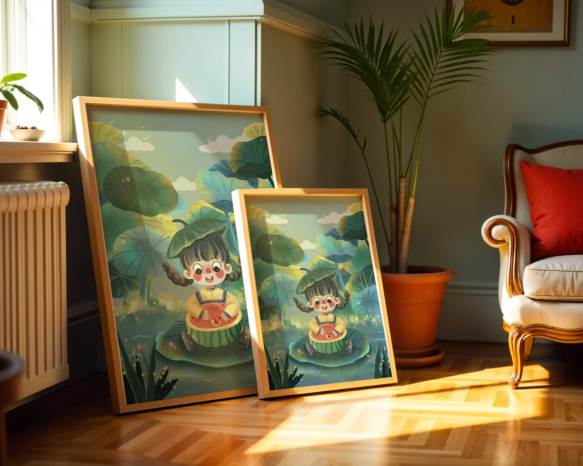Charming illustration of a child enjoying watermelon amidst whimsical nature