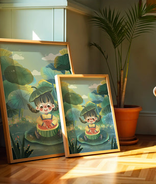Charming illustration of a child enjoying watermelon amidst whimsical nature