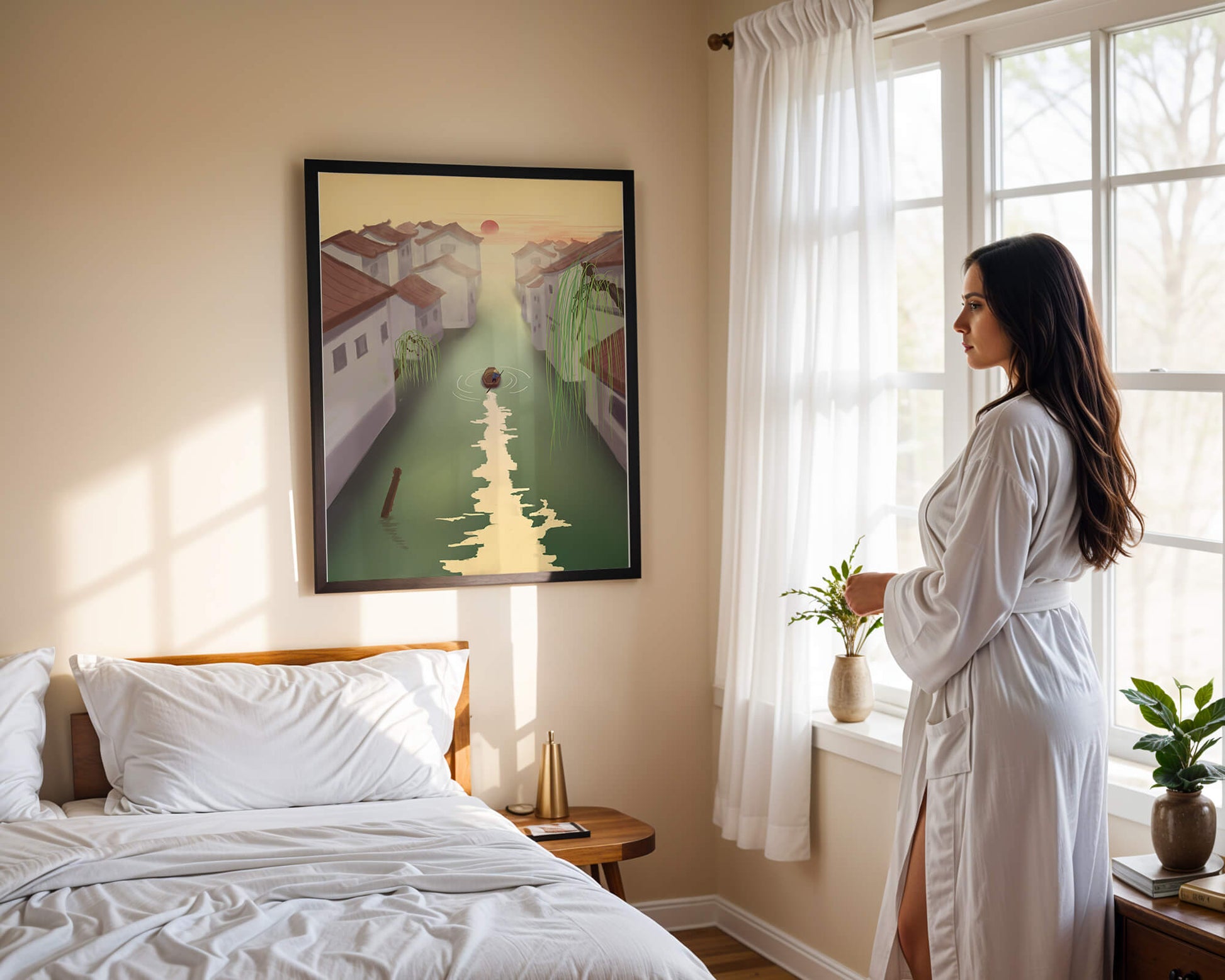 Tranquil river scene with traditional architecture and sunset