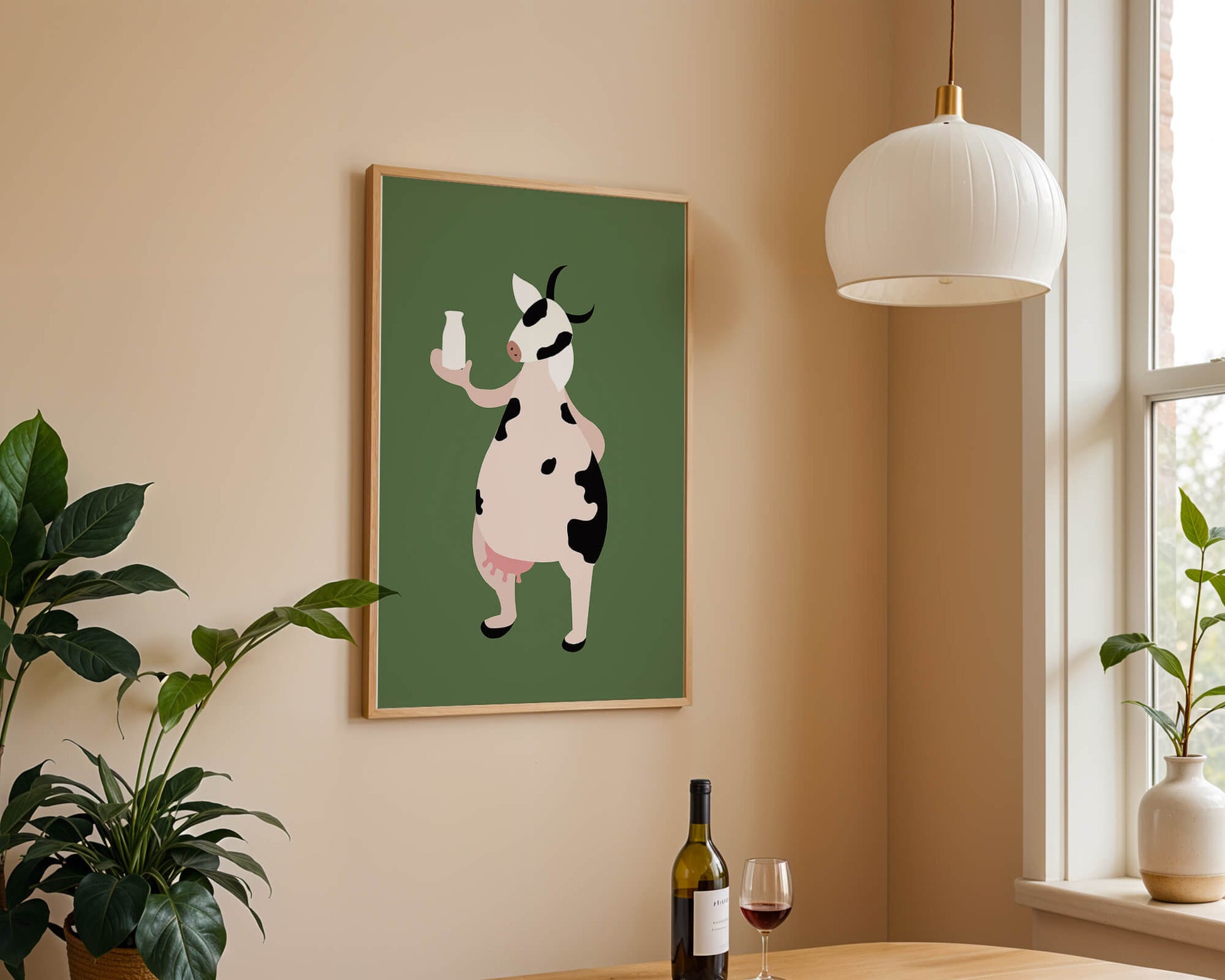 Illustration of anthropomorphic cow holding a milk bottle on green background