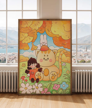 Ilustración caprichosa de una niña, un gato y un conejo en un paisaje otoñal