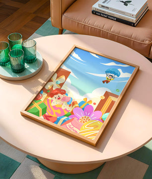 Colorful illustration with presents and children playing under a blue sky