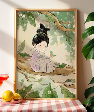 Serene illustration of a girl with a bird in a tree