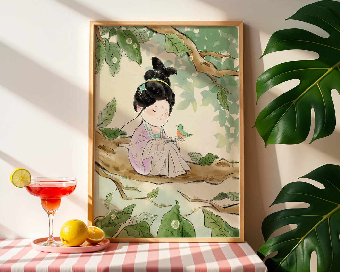 Serene illustration of a girl with a bird in a tree