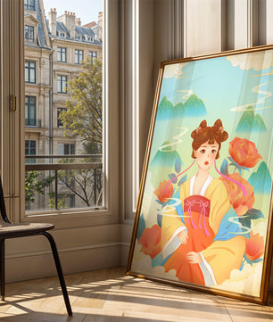 Traditional Asian Art with Woman in Hanfu Surrounded by Mountains and Peonies