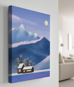 Paysage de montagne enneigée avec des maisons et des arbres sous la lumière de la lune