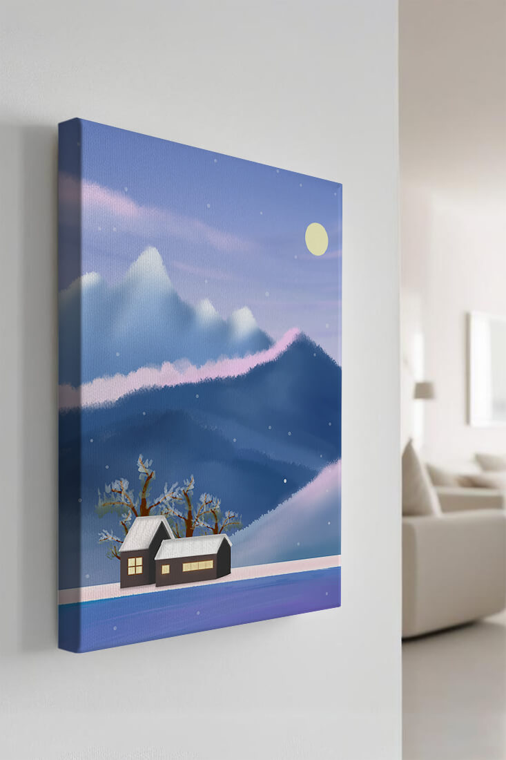 Paysage de montagne enneigée avec des maisons et des arbres sous la lumière de la lune