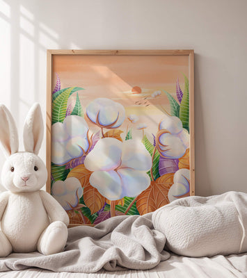 Serene cotton fields at sunset with vibrant foliage