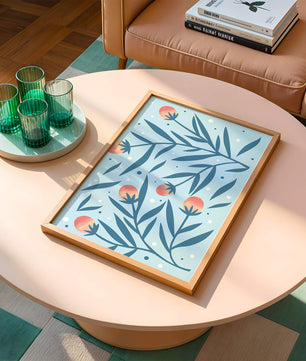 Abstract botanical pattern with colorful flowers and leaves on light blue background
