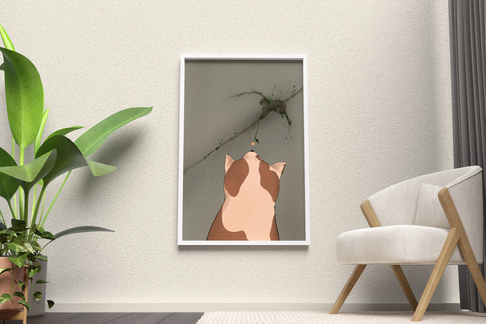 Chat observant une fleur poussant sur un mur fissuré