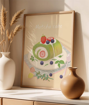 Illustration of a Matcha Roll Cake with Fresh Berries on Pastel Background - Mi tienda