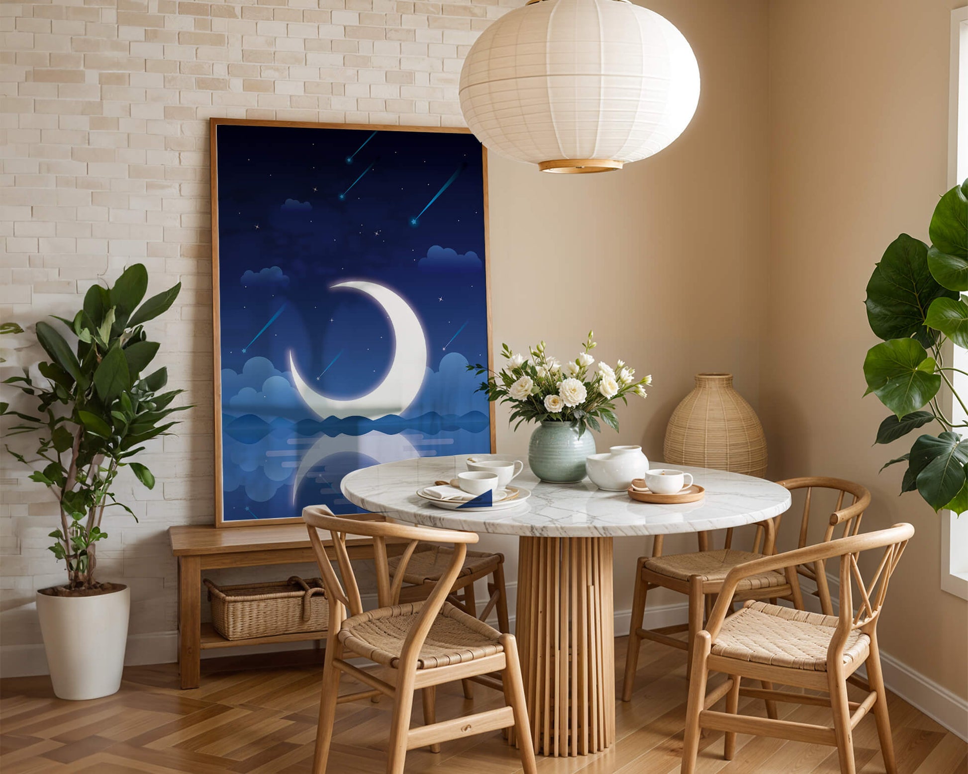 Serene night sky with crescent moon reflecting on water