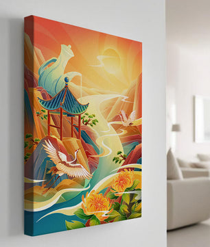 Mystical landscape with cranes and serene mountains
