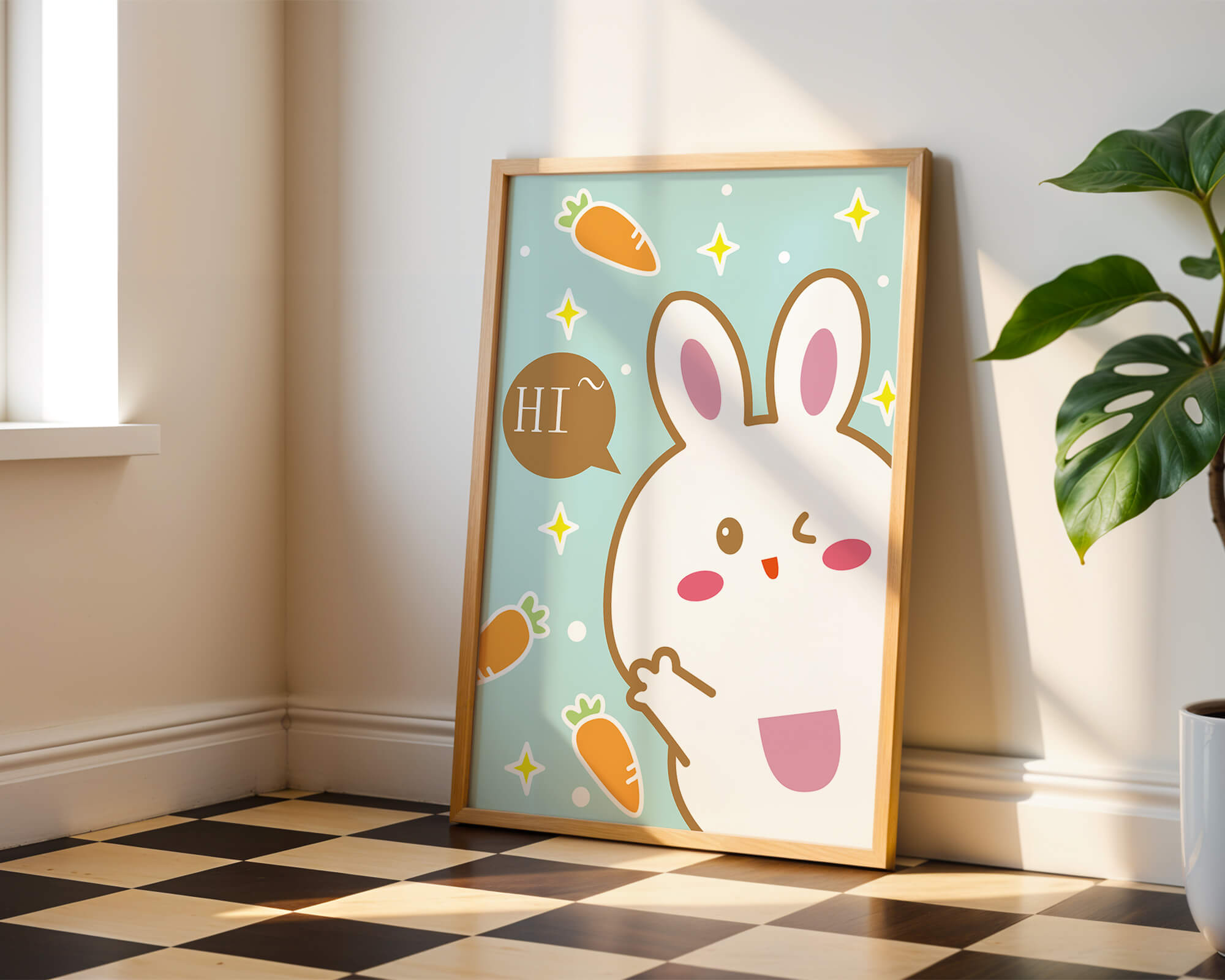 Playful cartoon bunny with carrots and stars on teal background