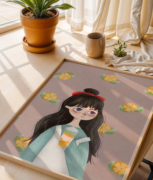 Illustration of a girl with a beverage surrounded by citrus slices