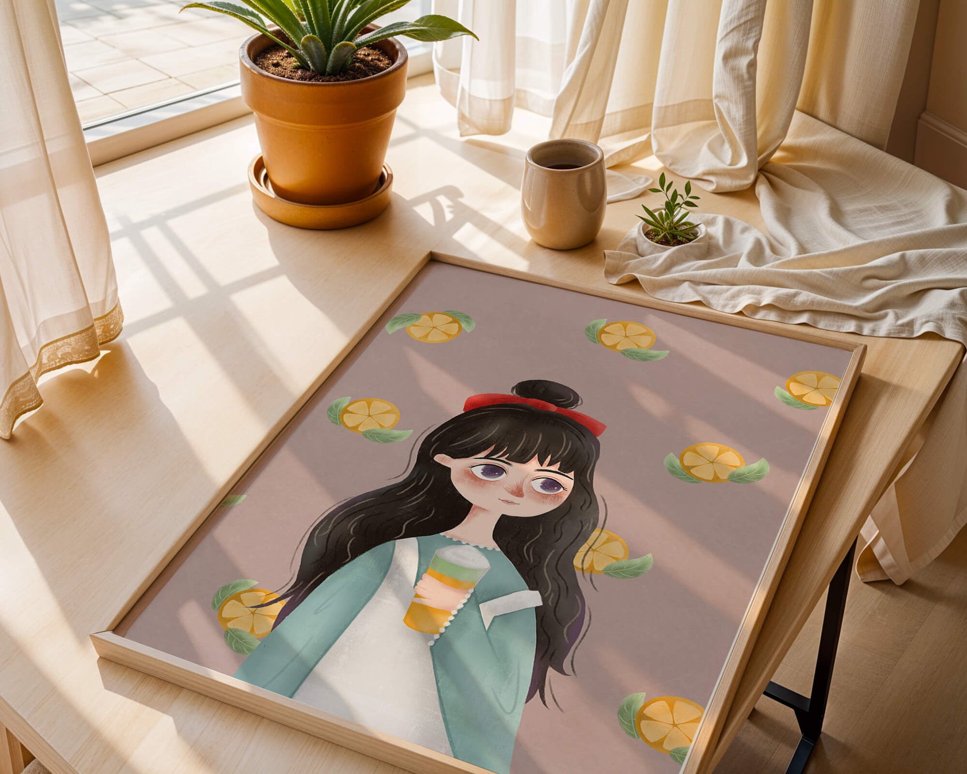 Illustration of a girl with a beverage surrounded by citrus slices