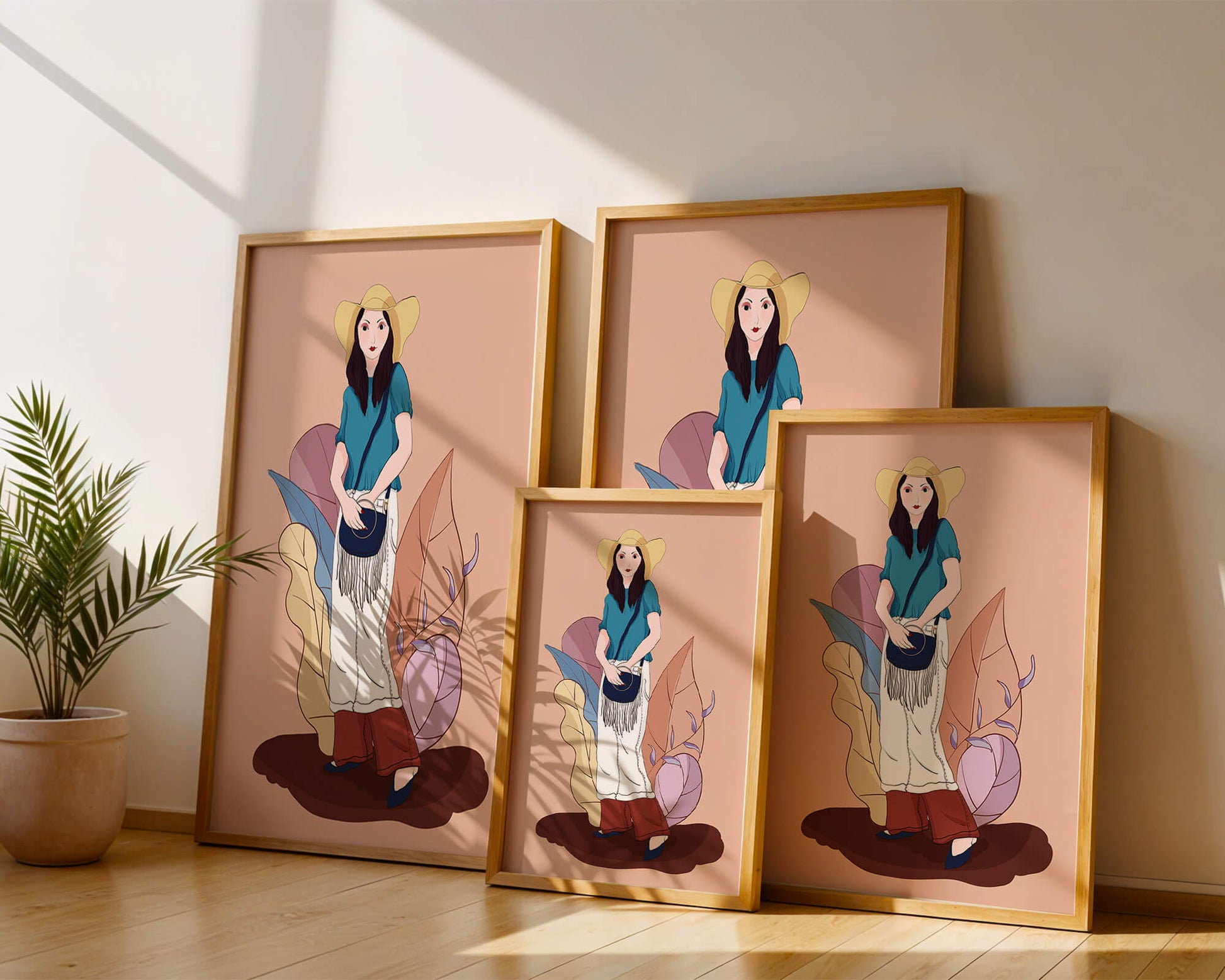 Ilustración de moda de una mujer con sombrero sobre fondo pastel