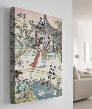 Tranquil Asian Garden Scene with Pandas and Blossoms