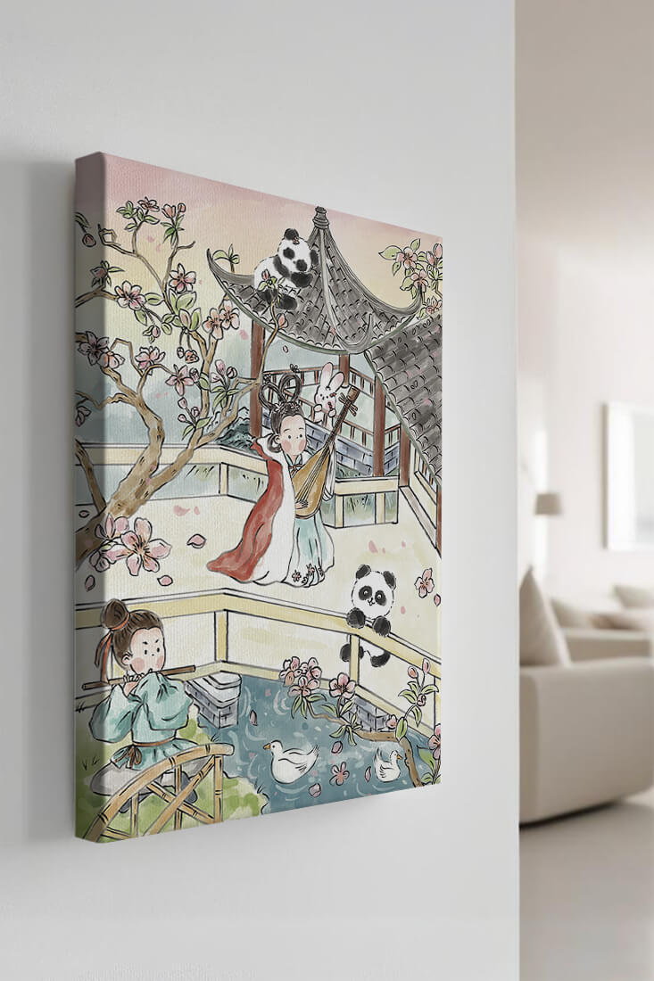 Escena tranquila de jardín asiático con pandas y flores