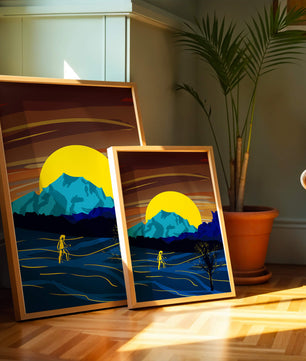 Paisaje surrealista con una puesta de sol vibrante y silueta