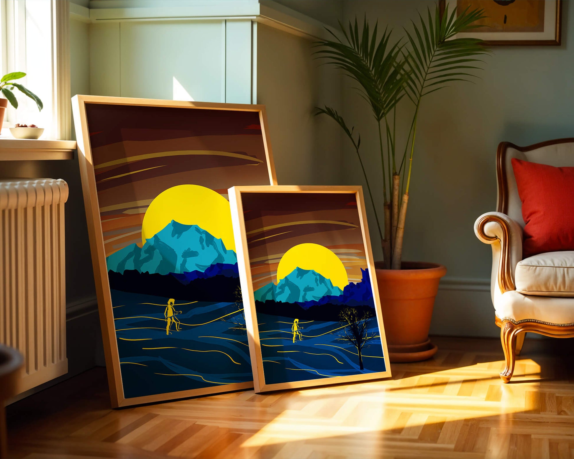 Surreal landscape with a vibrant sunset and silhouette