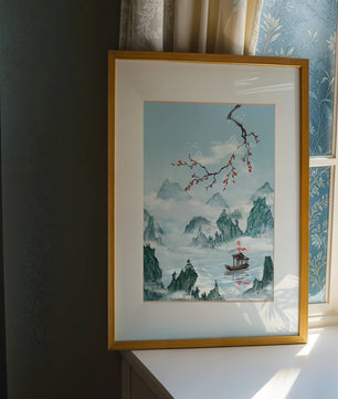 Chinese Landscape with Cherry Blossoms and Boat in Misty Mountains - Mi tienda