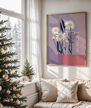 Zarte weiße Gänseblümchen mit gelben Zentren auf modernem Pastell-Hintergrund