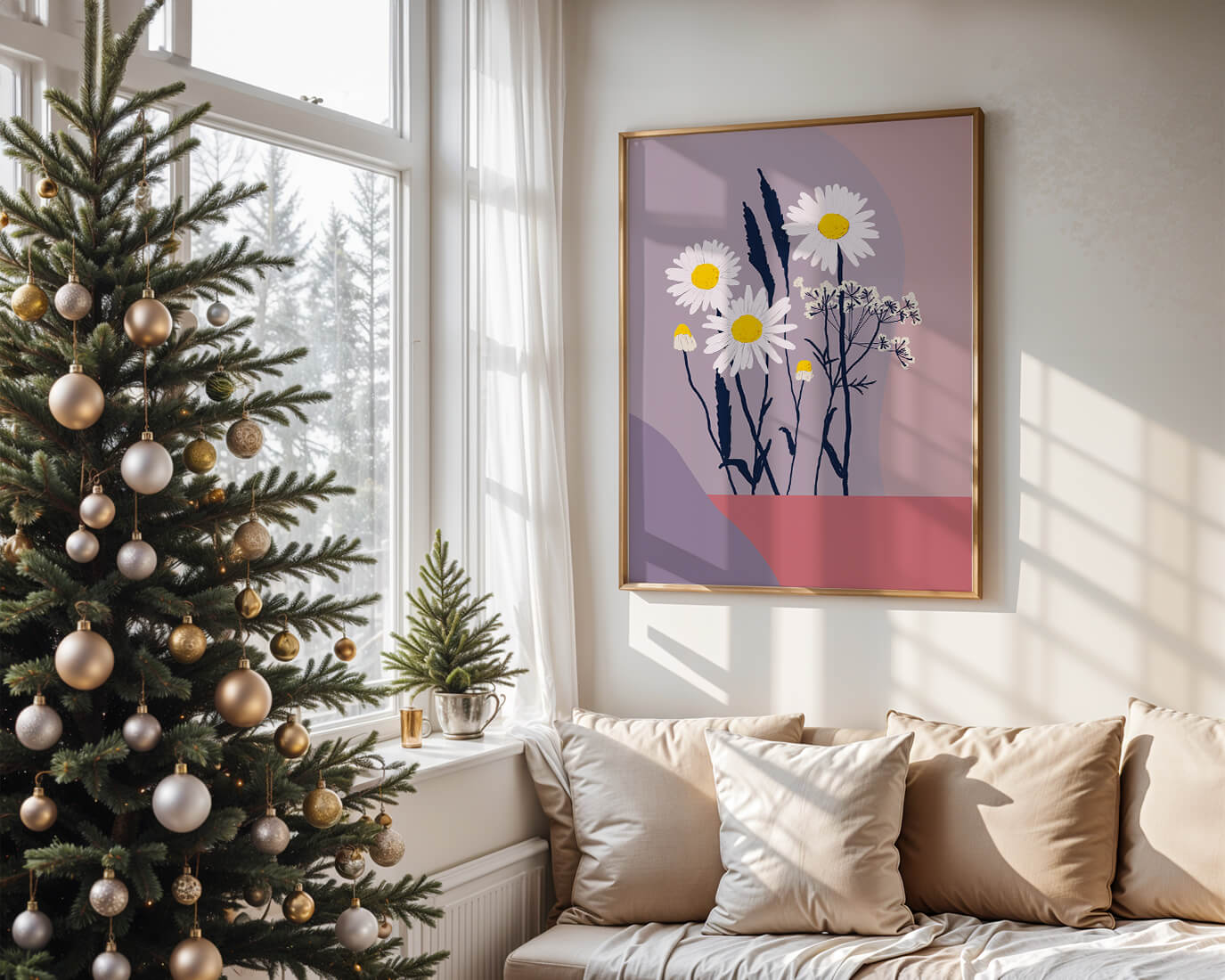 Zarte weiße Gänseblümchen mit gelben Zentren auf modernem Pastell-Hintergrund