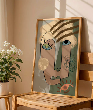 Retrato abstracto con formas geométricas y tonos terrosos
